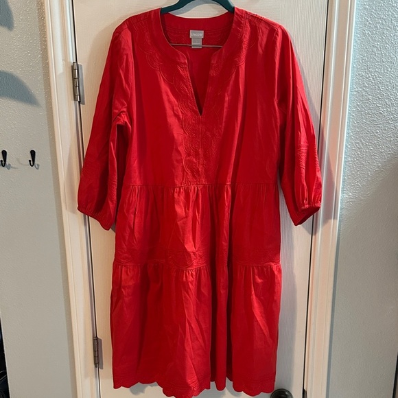 Chico's Red Tiered Embroidered Midi Dress Cotton Blend Casual Lightweight 8/10 - Picture 2 of 14
